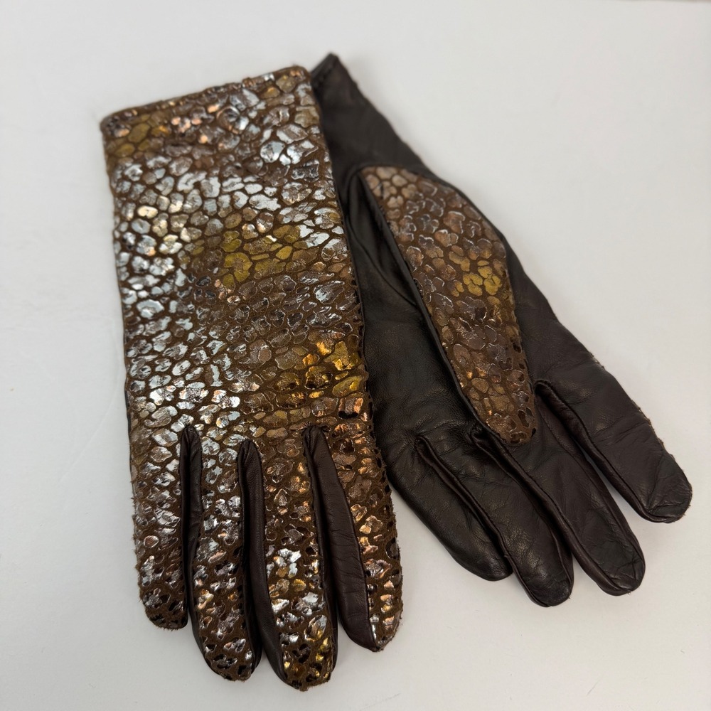 Guder Italy Leather Wool Lined Gloves Metallic Animal Print Bronze Brown Sz 7.5